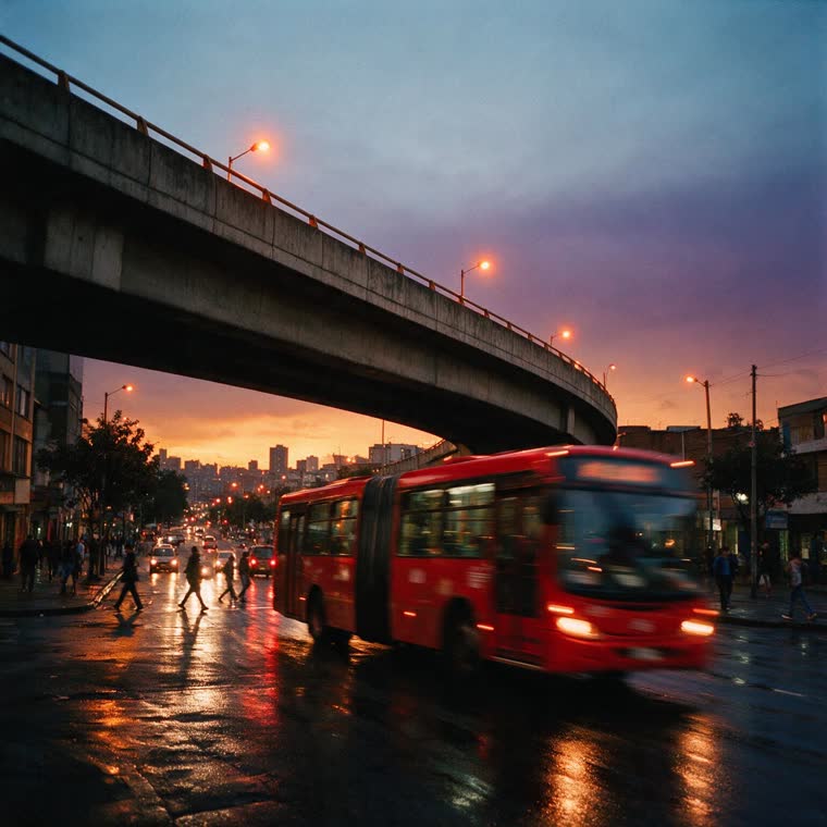 Bus rojo de Bogotá al anochecer